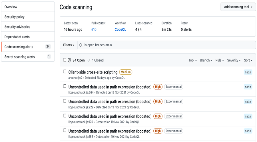 GitHub code scanning 